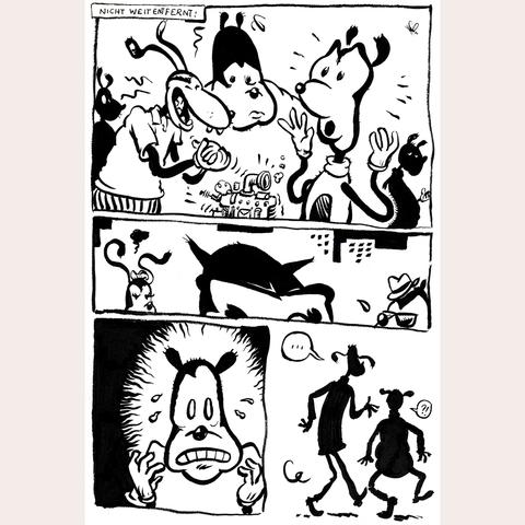 This looks like a black and white comic book page, but doesn‘t really make sense as a story. The box in the first panel reads „not far away:“ in german. Otherwise, there is no text. There is a small, strange-looking device and several figutes with flappy ears and hose-like limbs. 

Was aussieht wie eine schwarz-weiße Comicseite, ergibt keinen Sinn als Geschichte. In einem Kasten im ersten Panel steht „nicht weit entfernt:“, sonst gibt es keinen Text. Man sieht eine kleine, seltsame Maschine und mehrere Figuren mit Schlappohren und schlauchartigen Armen und Beinen.