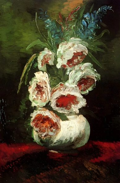 Vincent Van Gogh’s Vase of Peonies, 1886. Stunning Cabernet and cream peonies in an ivory pottery vase.