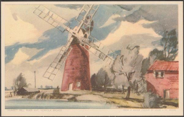 Printed colour postcard showing a watercolour illustration by Leslie L.H. Moore of Hunsett Mill near Stalham on the River Ant in the Norfolk Broads.

Published by Jarrold & Sons Ltd, Norwich, Cotman-Color, not numbered, c.1950s.

Postally unused.

Very good condition, with very slight corner bumps.