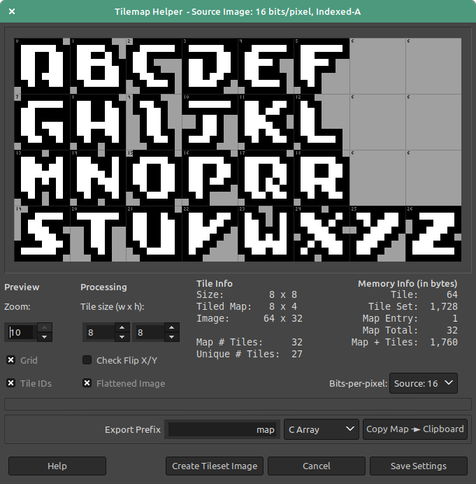 zoomed in screenshot showing a 26 letter 8x8 pixel art font that is white with a 1 pixel black outline. some of the font features: diagonal slants on the ascenders or descenders, diagonal notching cut out of the bottom left corners, hard-squarish upper left corners