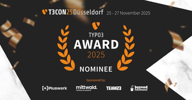 Teaserbild für die TYPO3 Award-Nominierung. Oben ist das Logo der T3CON25 Düsseldorf mit dem Datum 25.-27. November 2025. Zentral steht "TYPO3 Award 2025 Nominee" und darunter sind die Eventsponsoren aufgelistet.