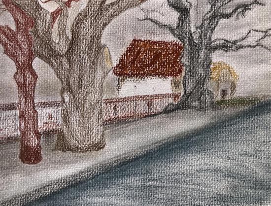 pastel sketch of a street in winter or late autumn