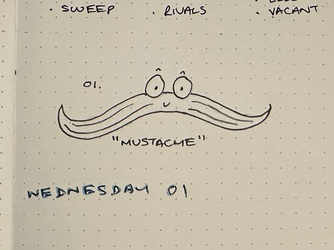 A sketch of a mustache with eyes and a smile