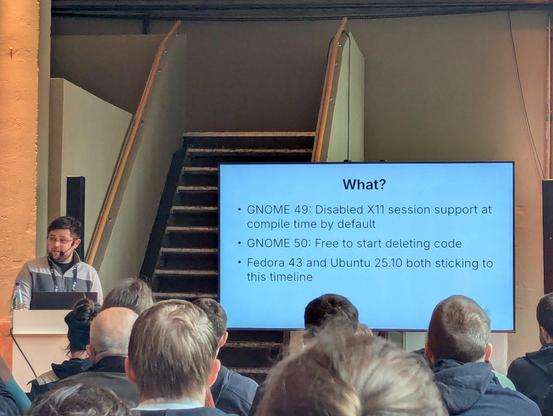 Slide explaining how GNOME 49 disables X11 support by default and can start to remove it in GNOME 50