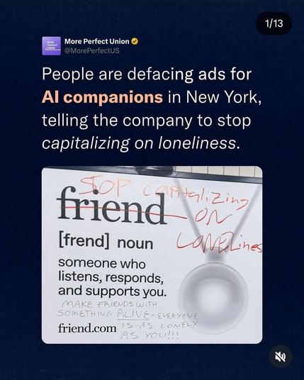 street graffiti on billboards in New York underground advertising for AI friend bots. Graffiti says 'Stop capitalizing on loneliness'.