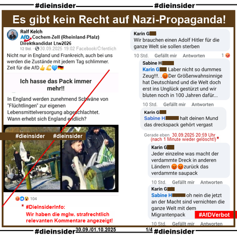 Ralf Kelch von der AfD Cochem-Zell in Rheinland-Pfalz und Direktkandidat zur Landtagswahl 2026 postet am 29.09.2025 öffentlich "Nicht nur in England und Frankreich, auch bei uns werden die Zustände mit jedem Tag schlimmer." und teilt dazu ein Bild mit 2 Männern und Schwänen und "Ich hasse das Pack immer mehr!! In England werden zunehmend Schwäne von 'Flüchtlingen' zur eigenen Lebensmittelversorgung abgeschlachtet. Wann erhebt sich England endlich?"

Wir zeigen hier den Kommentar von Karin "Wir brauchen einen Adolf Hitler für die ganze Welt sie sollen sterben." mit der Antwort von Sabine "Laber nicht so dummes Zeug!!!. .😡 Der Größenwahnsinnige hat Deutschland und die Welt doch erst ins Unglück gestürzt und wir bluten noch in 100 Jahren dafür...".
Worauf Karin "halt deinen Mund das dreckspack gehört vergast" antwortet. 
DieInsider Anmerkung: Dieser Kommentar wurde binnen 1 Minute wieder gelöscht!
Weiter kommentiert Karin "Jeder einzelne was macht der verdammte Dreck in anderen Ländern 😡😡 zurück das verdammte saupack.", " oh nein die jetzt an der Macht sind vernichten die ganze Welt mit dem Migrantenpack." und "ich Blute nicht ich habe vor 85 Jahren nicht gelebt und nur weil ihr alle euer Maul nicht auf kriegt und das Pack im Land haben wollt muss alles und jeder elendig sterben."
DieInsider Anmerkung: Den letzten Kommentar zeigen wir nicht auf unserem Slide!

Wir haben alle mglw. rassistischen u menschenverachtenden strafrechtlich relevanten Kommentare gesichert und angezeigt!