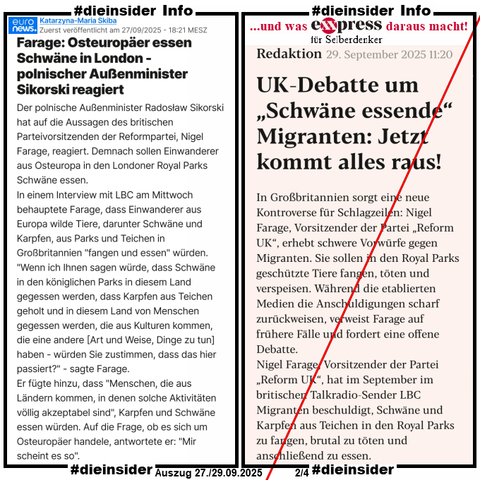Als Info zeigen wir hier den Euronews Artikel vom 27.09.2025 mit "Farage: Osteuropäer essen Schwäne in London - polnischer Außenminister Sikorski reagiert" und u.a. "Der polnische Außenminister Radosław Sikorski reagierte scharf auf die Äußerung von Nigel Farage in den britischen Medien, wonach osteuropäische Einwanderer Schwäne aus den königlichen Parks Londons fangen und essen würden." und was express.at am 29.09.2025 mit "UK-Debatte um „Schwäne essende“ Migranten: Jetzt kommt alles raus!" und u.a. "Nigel Farage entfacht in Großbritannien eine heftige Debatte: Migranten sollen Schwäne und Karpfen in den Royal Parks fangen und essen. Offizielle Stellen dementieren, doch frühere Vorfälle und Videoaufnahmen geben dem Politiker Auftrieb." daraus gemacht hat.