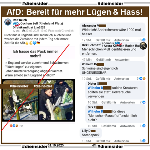 Ralf Kelch von der AfD Cochem-Zell in Rheinland-Pfalz und Direktkandidat zur Landtagswahl 2026 postet am 29.09.2025 öffentlich "Nicht nur in England und Frankreich, auch bei uns werden die Zustände mit jedem Tag schlimmer." und teilt dazu ein Bild mit 2 Männern und Schwänen und "Ich hasse das Pack immer mehr!! In England werden zunehmend Schwäne von 'Flüchtlingen' zur eigenen Lebensmittelversorgung abgeschlachtet. Wann erhebt sich England endlich?"

Wir zeigen hier u.a. die Kommentare "Widerlich! Andersherum wäre 1000 mal besser.", von Dirk Schmitz ehemals AfD und von den Acura Kliniken Baden Baden "Menschlichen Müll identifizieren und entfernen.", "Satanspack." und "Schwäne sind eigentlich UNGENIESSBAR." mit den Antworten "solche Kreaturen sollten sie statt Tierversuche verwenden." und "für diese 'Menschen-Rasse' offensichtlich nicht?