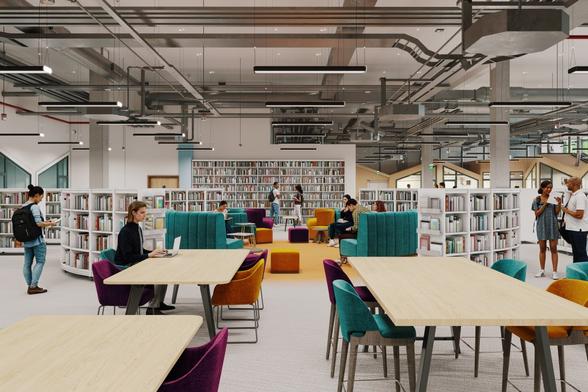 Bright, open-plan public access zone at Y Storfa, designed with breakout spaces for community use.