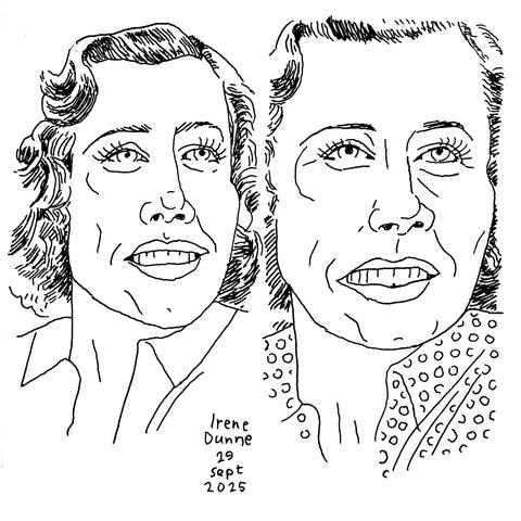 Two pen-and-ink drawings of Irene Dunne.