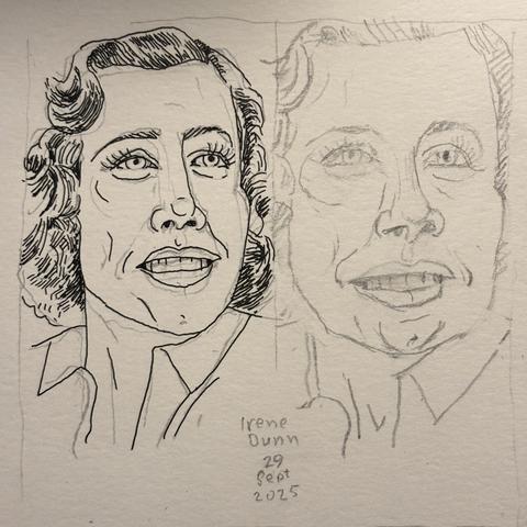One pencil-and-pen-and-ink drawing, and one pencil drawing of Irene Dunne.