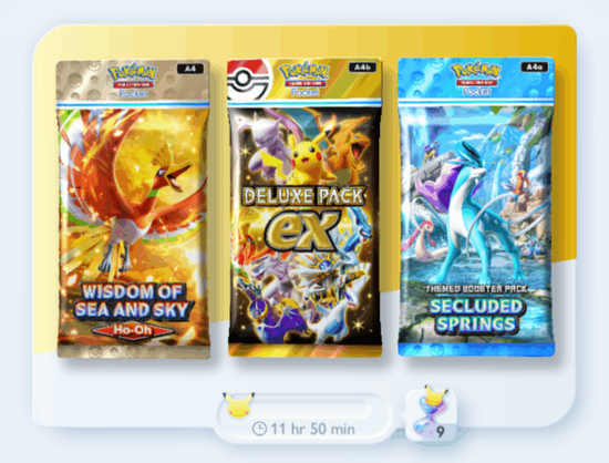 Image showing three recent Pokemon TCG Pocket expansion packs -- Wisdom of Sea and Sky Ho-Oh, Deluxe Pack ex, and Secluded Springs.