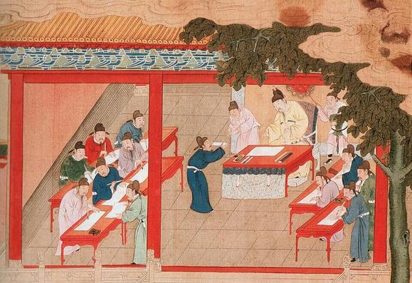Imperial examination, Ming Dynasty, 17th/18th century; painting of a group of 17th/18th-century Chinese scholars taking an exam with one submitting his exam paper to an official