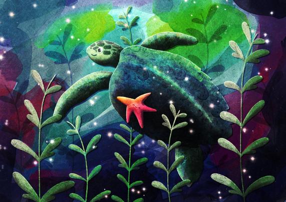 Illustration von einer Meeresschildkröte, auf deren Panzer ein Seestern angedockt hat und mittransportiert wird. Sie sehen glücklich aus. Im Vordergrund befinden sich Wasserpflanzen.