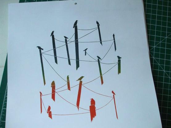 Hard to describe this without interpreting. There are ravens perched on the very tops of 16 telephone poles, 'randomly' placed, of varying heights, with a power line stretched from pole to pole. It's a stonecut print in muted primary colours on an almost overwhelmingly stark white background. Green for the upper group and red for the lower group. My description is inadequate.