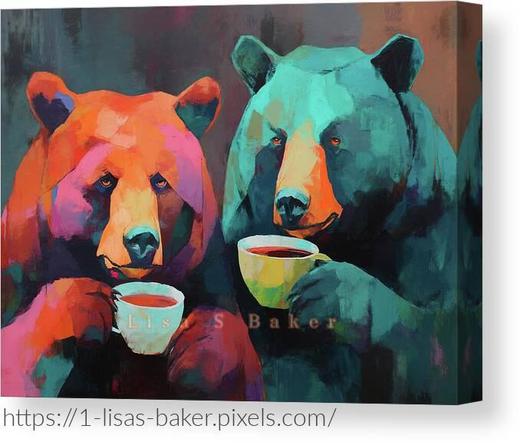 Cup of Joe / Bear Art by Lisa S Baker. Two bears enjoy cups of coffee in a vibrant and colorful composition. The use of bold colors creates an energetic and whimsical mood