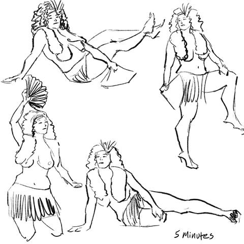 Four views of a female model wearing a stole around her neck and a short fringed skirt. In the first view, she sits on the floor, leaning back on her right arm. Her feet are on the seat of a folding chair, and her left hand holds an open fan. In the second view, she kneels and has an open fan above her head. In the third view, she sits on the floor and leans to her left, propping herself up on her left arm. In the fourth view, she stands with her left foot on a folding chair. Her left hand is on her left knee, and her right hand, which holds an open fan, is by her side.