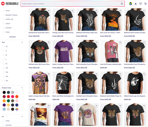 Screenshot of twenty Halloween-themed t-shirts on my Redbubble store. Some of them show the face of Count Chiroptera, an eccentric cartoon vampire bat, with different emotions, most of them silly. There are also skeletal hand gestures and scenes of the underworld, including three MOULE WORLDers as happy calavera skeletons playing a guitar and enjoying music there.