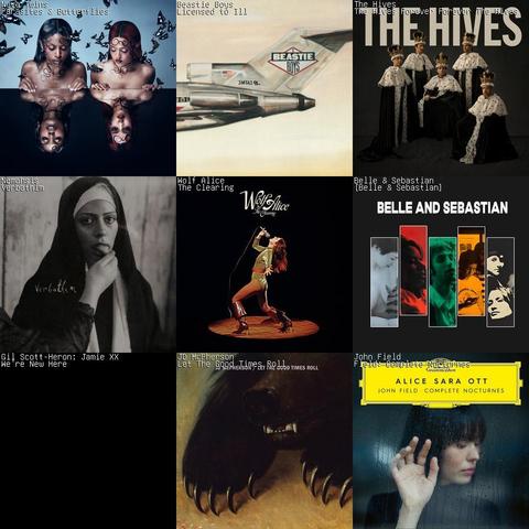 A grid of the covers of the nine albums that I've listened to the most this last month.
