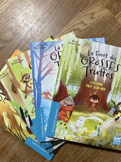 Les couvertures des 5 tomes de La forêt des grosses truffes édités par Gulfstream, écrits par Ludovic Lecomte et Anne Dumergue, illustrés par Faustine Merle