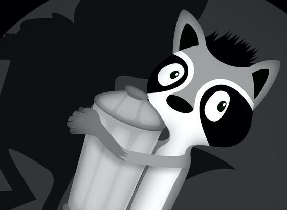 Picture of The Trash Panda in an cartoony vector style. He is a tall anthropomorphic raccoon without a mouth, seen here lifting up a trash can while a spotlight catches him and casts his shadow on the wall behind him.