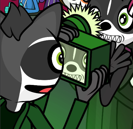 Picture of Rocky in a cartoony art style. He is an anthropomorphic raccoon wearing a green hoodie, seen here using his green camera to take a photo of the Hoodie Rave but unintentionally gets a surprised Melville the skunk in the way.