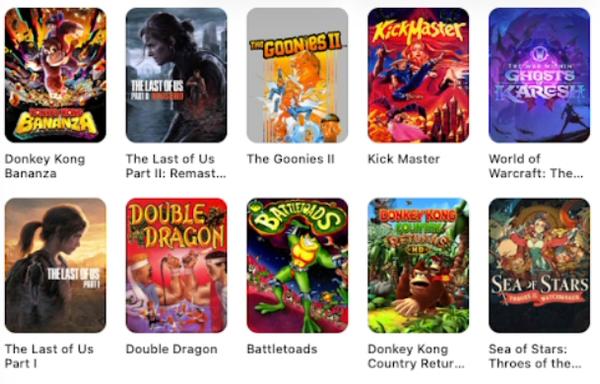 A grid of ten colorful video game cover images is displayed, featuring titles like Donkey Kong Bananza, The Last of Us Part II: Remastered, The Goonies II, Kick Master, World of Warcraft: The Ghosts of Karesh, The Last of Us Part I, Double Dragon, Battletoads, Donkey Kong Country Returns HD, and Sea of Stars: Throes of the Watchmaker. Each cover showcases unique artwork and design styles representing a mix of classic and modern games.