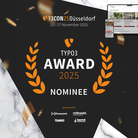 Black poster with gold laurel wreaths and the text: ‘TYPO3 Award 2025 Nominee’. Above it reads: ‘T3CON25 Düsseldorf, 25–27 November 2025’. Below are the logos of the sponsors, including +Pluswerk. At the top right is a screenshot of a website on desktop and smartphone view.