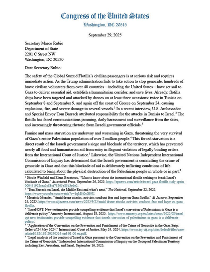 intégralité de la lettre signée par une vingtaine de membres du Congrès états-unien exhortant le secrétaire d’État, Marco Rubio, à protéger la flottille mondiale Sumud.  - page 1