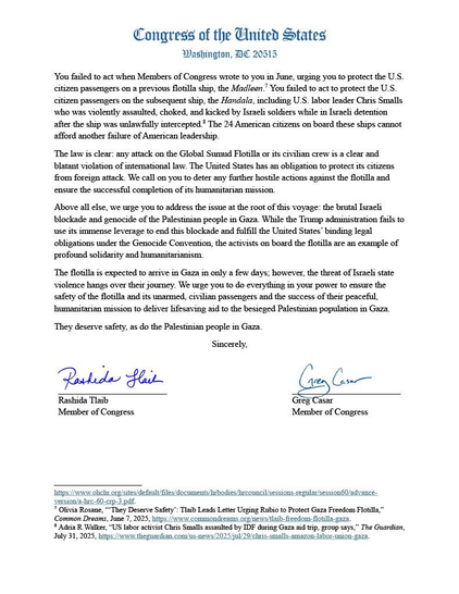 intégralité de la lettre signée par une vingtaine de membres du Congrès états-unien exhortant le secrétaire d’État, Marco Rubio, à protéger la flottille mondiale Sumud.  - page 2