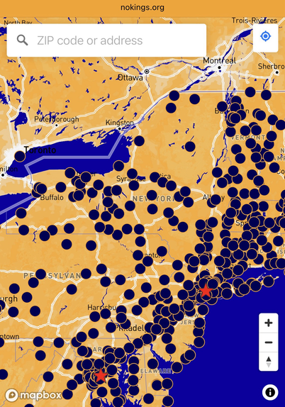 Map showing locations of the “No Kings 2.0” protests to be held in New York on Saturday, October 18th, 2025.
