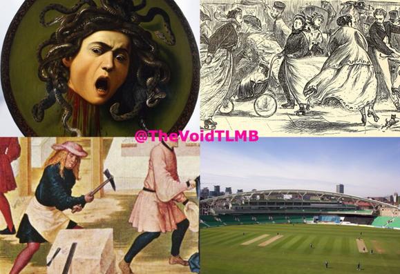 Collage of 4 images: Medusa; C19th drawing of people on roller skates; stone-workers; The Oval cricket ground