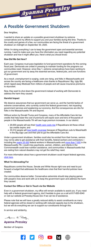 Screenshot of email from Ayanna Pressley. Email text is at https://iqconnect.house.gov/iqextranet/view_newsletter.aspx?id=100934&c=MA07AP