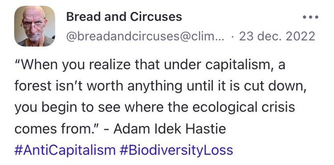 Bread and Circuses (een mastodon-account?) postte op 23 december 2022: "When you realize that under capitalism, a forest isn't worth anything until it is cut down, you begin to see where the ecological crisis comes from." Dit is een quote van Adam Idek Hastie en de hashtags waren toegevoegd: #AntiCapitalism #BiodiversityLoss