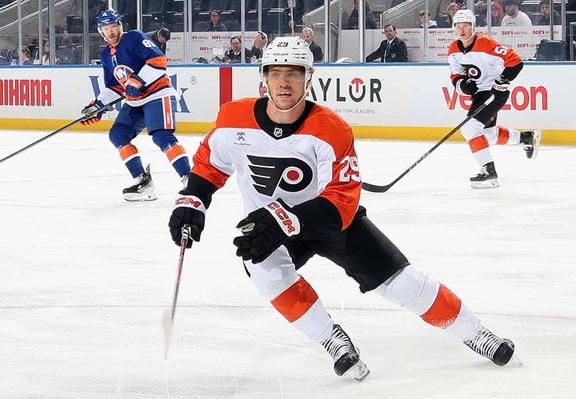 Nikita Grebenkin #29 of the Philadelphia Flyers skates against the New York Islanders in a preseason game at UBS Arena on September 21, 2025 in Elmont, New York.