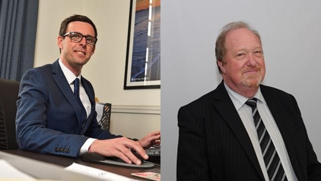 Montage image of Darren Price and Deryk Cundy, highlighting the political clash over £20m Pride of Place funding for Carmarthenshire.