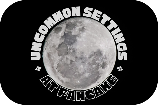 Photograph of the full moon encircled with added text: Uncommon Settings, at Fancake.