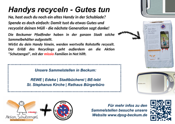 Info-Bild mit Werbetext zur Handysammelaktion. Links ein Textblock, am rechten Rand zwei alte Handys, eine Sammelbox und ein QR-Code. Orte der Sammelstellen: REWE Beckum, Edeka Beckum, Bücherei Beckum, Be-lebt. Stephanus-Kirche, Bürger:innenbüro