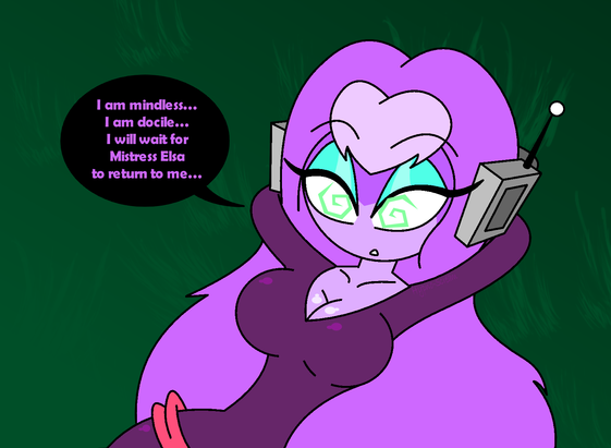 Sibella laying down on the ground while listening to some hypnotic headphones, "I am mindless... I am docile... I will wait for Mistress Elsa to return to me..."