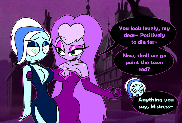 Sibella with a hypnotized Phantasma in sexy dresses

Sibella: You look lovely, my dear~ Positively to die for~ Now, shall we go paint the town red?

Phantasma: Anything you say, Mistress~
