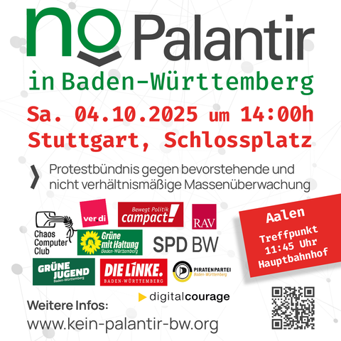 Kein Palantir BW Kundgebung am 04.10. 14 Uhr auf dem Stuttgarter Schlossplatz.
Lokales Sharepic für Aalen