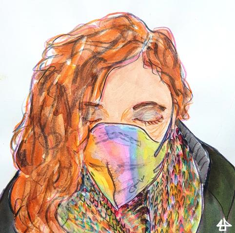 Aquarellierte Buntstiftzeichnung: Person mit lockigen rötlichen langen Haare hat die Augen geschlossen. Madke und gestricker Schal haben alle Farben des Regenbogens.