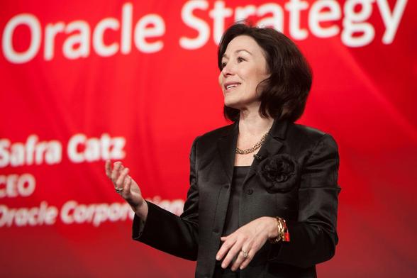 A white woman speaks on stage with "Oracle Strategy" in the background.

Safra Ada Catz is an Israeli-American billionaire banker and technology executive. She is the executive vice chair and former CEO of Oracle Corporation.