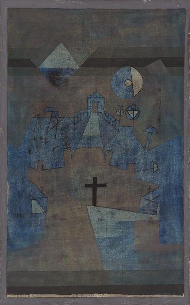 this is an abstract image of what could only be a cemetery in a church yard, with a partial moon overhead and a mountaintop in the distance.  The colors are very dull and dim, shades of blue and grey and brown, and the paint has been laid on in a rough textured way that supports the idea of a cemetery "in the dunes" or in a desert.