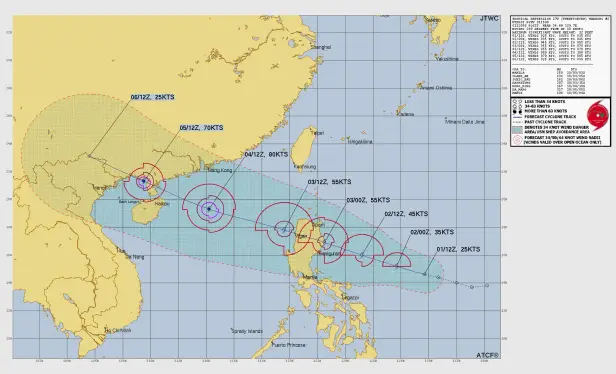 Forecast map of the tropical depression that will likely become Typhoon Matmo. It is forecast to reach Tropical Storm strength by Thursday morning, make landfall on Luzon, Philippines by Friday morning, re-emerge in the South China Sea before reaching typhoon strength and making a second landfall near Zhanjiang, China by Sunday morning.
