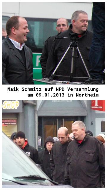 Collage aus zwei Bildern. Oben Maik Schmitz auf NPD Versammlung zusammen mit Marco Borrmann. Bromann lacht. Im Hintergrund  ein grünes Polizei Auto. 
Unteres Bild Maik Schmitz später auf gleicher NPD Versammlung.

Um das Bild ist ein kleiner weißer Rahmen.