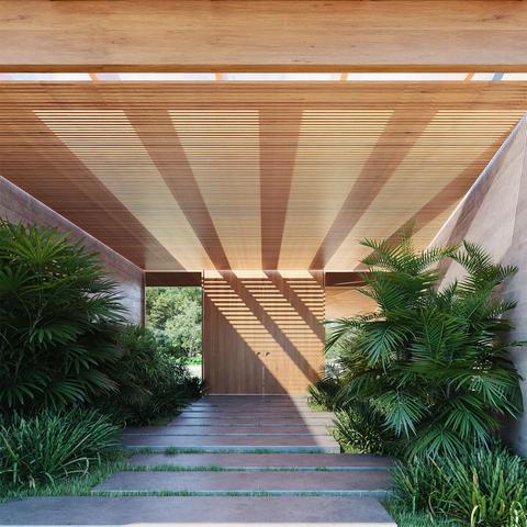 Modern entryway featuring wooden beams, lush greenery, and a serene pathway leading to an inviting wooden door.