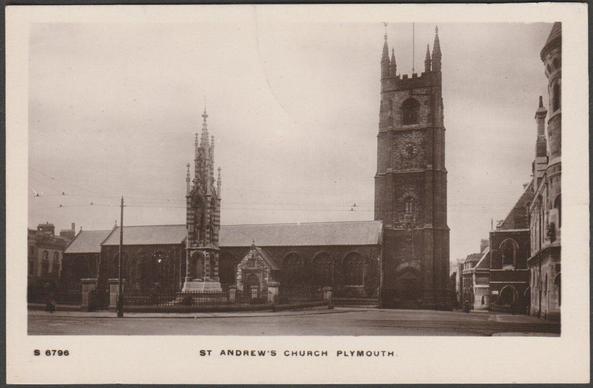 Sepia real photographic postcard showing a view of St Andrew's Church and cross at Plymouth in Devon.

Published by W.H. Smith, Kingsway Real Photo Series, No S 6796, c.1910.

Postally unused.

Fairly good condition, with very slight corner bumps, but curved bend to centre of top edge.