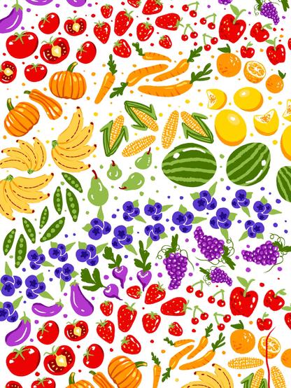 Um padrão colorido e ilustrado com várias frutas e vegetais, incluindo bananas, tomates, morangos, cenouras, abóboras, melancias, uvas, laranjas e milho, contra um fundo branco.
