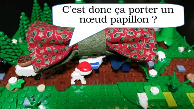 Des bonhommes lego portent un noeud papillon beaucoup plus gors.
L'un d'eux dit "C'est donc ça porter un noeud papillon ?"
